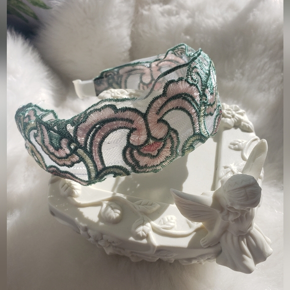 Bohemian Embroidered Headband - Green and Pink - Picture 2 of 3